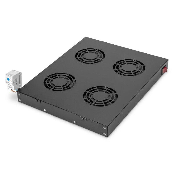 DIGITUS DN-19-FAN-4-HO-SW - Lüftereinheit für 483 mm (19")-Montage 4 Lüfter, Thermostat, Schalter, schwwarz (RAL 9005