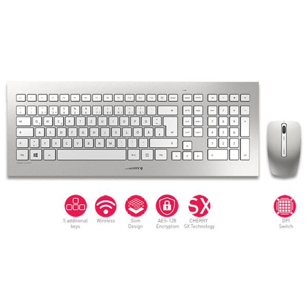 Cherry DW 8000 Kabelloses Desktopset - Weiß/Silber - USB (QWERTZ - DE) - Standard - Kabellos - RF Wireless - QWERTZ - Silber - Weiß - Maus enthalten