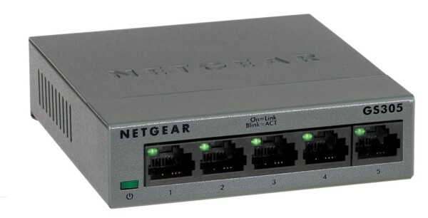 Netgear GS305 Switch 5 Port Gigabit Ethernet LAN Switch (Plug-and-Play Netzwerk Switch - LAN Verteiler - Hub energieffizient - lüfterlos - robustes Metallgehäuse) - Unmanaged - L2 - Gigabit Ethernet (10/100/1000) - Wandmontage