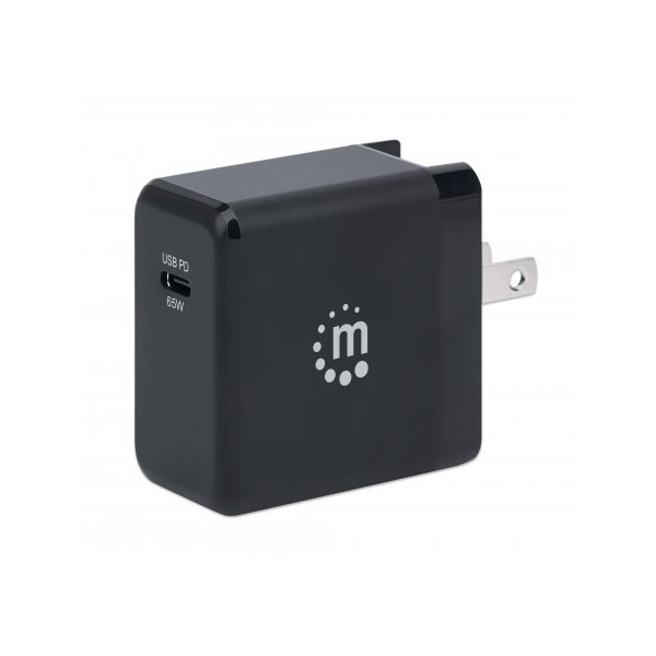 Manhattan GaN Power Delivery USB-Ladegerät 65 W - USB-Netzteil mit ultrakompakter GaN-Technologie - USB-C Power Delivery-Port (PD 3.0) mit bis zu 65 W - auswechselbare Stecker für EU - UK & US - schwarz - Schwarz