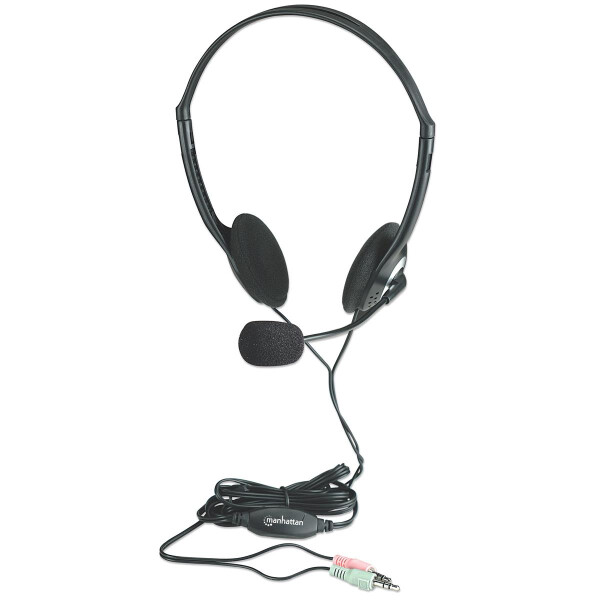 Manhattan Stereoheadset - Federleichtes Design - integriertes Mikrofon - Lautstärkeregler im Kabel integriert - Kopfhörer - Kopfband - Anrufe & Musik - Schwarz - Silber - Binaural - 2 m