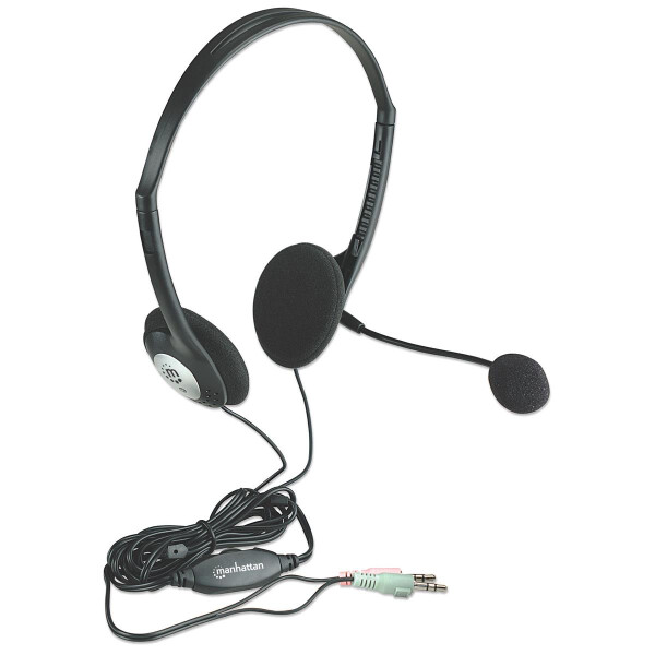 Manhattan Stereoheadset - Federleichtes Design - integriertes Mikrofon - Lautstärkeregler im Kabel integriert - Kopfhörer - Kopfband - Anrufe & Musik - Schwarz - Silber - Binaural - 2 m