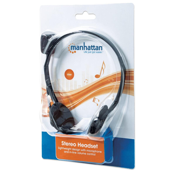 Manhattan Stereoheadset - Federleichtes Design - integriertes Mikrofon - Lautstärkeregler im Kabel integriert - Kopfhörer - Kopfband - Anrufe & Musik - Schwarz - Silber - Binaural - 2 m