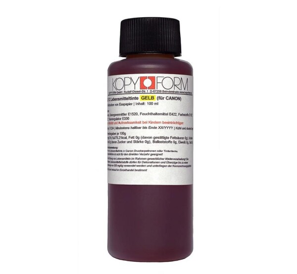 Lebensmittel Tinte 100 ml Flasche gelb yellow entwickelt für Canon-Drucker mit Tintentank oder zum Nachfüllen z.B.  Pixma G3501