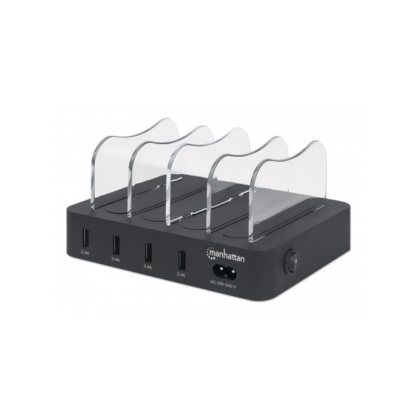 Manhattan 4-Port USB-Ladestation - Vier USB-A-Ports - bis zu 2,4 A/5 V pro Port - 34 W Ausgangsleistung gesamt - schwarz - Freistehend - Kunststoff - Schwarz - Kontakt - CE FCC RoHS WEEE ETL - 100 - 240 V