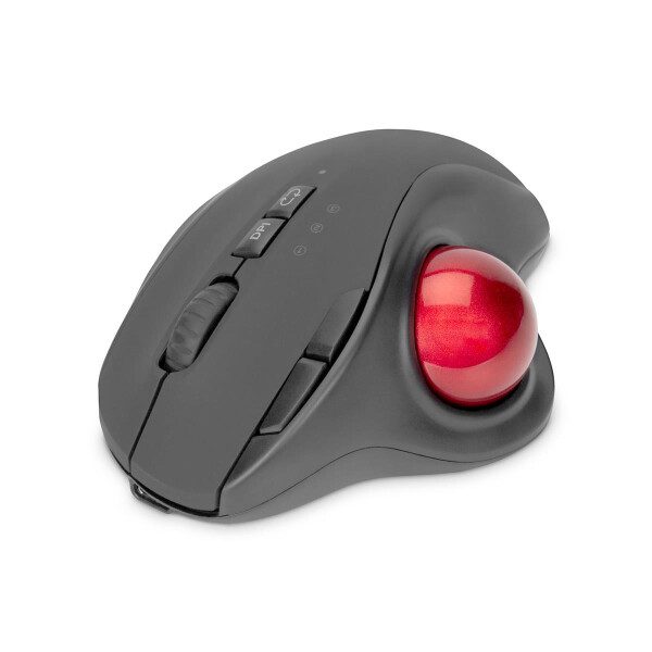 DIGITUS DA-20156 - Kabellose ergonomische Trackball Maus, rot 8D (Tasten),2.4GHz, wiederaufl. Batterie, schwarz