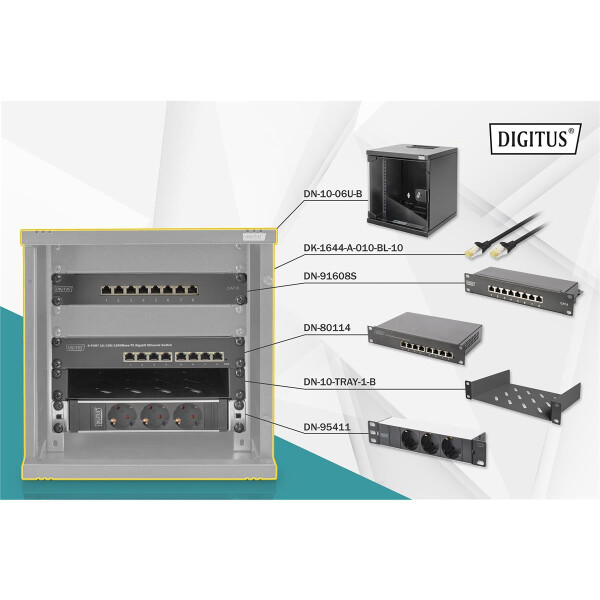 DIGITUS DN-10-SET-1-B - 10 Zoll Netzwerk Set, inkl. 6HE Wandgehäuse, schw Fachboden, PDU, 8-Port Switch, CAT 6 Patch Panel