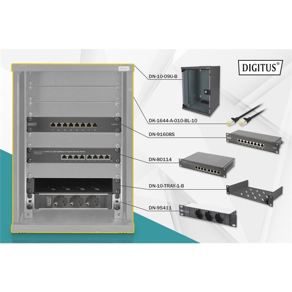 DIGITUS DN-10-SET-2-B - 10 Zoll Netzwerk Set, inkl. 9HE Wandgehäuse, schw Fachboden, PDU, 8-Port Switch, CAT 6 Patch Panel