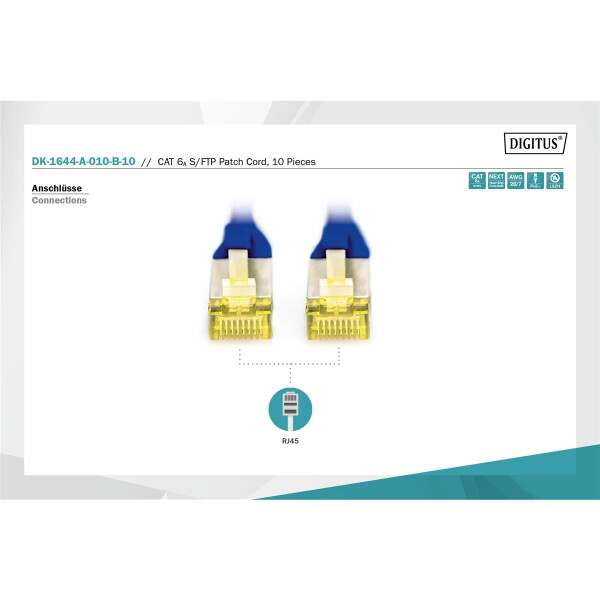 DK-1644-A-010-B-10 - CAT 6A S-FTP Patchkabel, Cu, LSZH AWG 26/7,  1 m, 10 Stück,  Blau