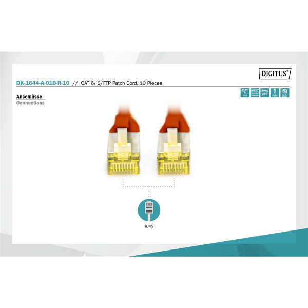 DK-1644-A-010-R-10 - CAT 6A S-FTP Patchkabel, Cu, LSZH AWG 26/7,  1 m, 10 Stück,  Rot