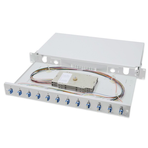 DIGITUS DN-96331/9 - LWL Spleißbox, 1HE, Bestückt, 12x LC DX, OS2 inkl. Spleißkassette, Farbige Pigtails, Adapter