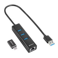 Sharkoon Shark 3-Port USB 3.2 Gen 1 Alu Hub+ RJ45...