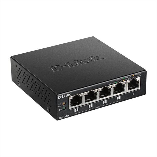 D-Link DGS-1005P - Unmanaged - L2 - Gigabit Ethernet (10/100/1000) - Vollduplex - Power over Ethernet (PoE) - Wandmontage