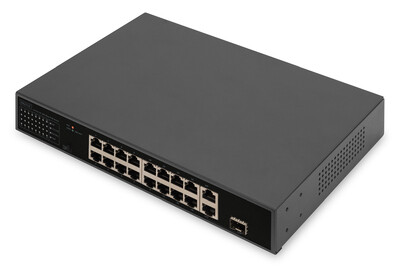 DIGITUS 16-Port Fast Ethernet PoE Netzwerkswitch, 19 Zoll, unmanaged, 2+1 Uplink Ports, RJ45 + SFP, 185 W, af/at