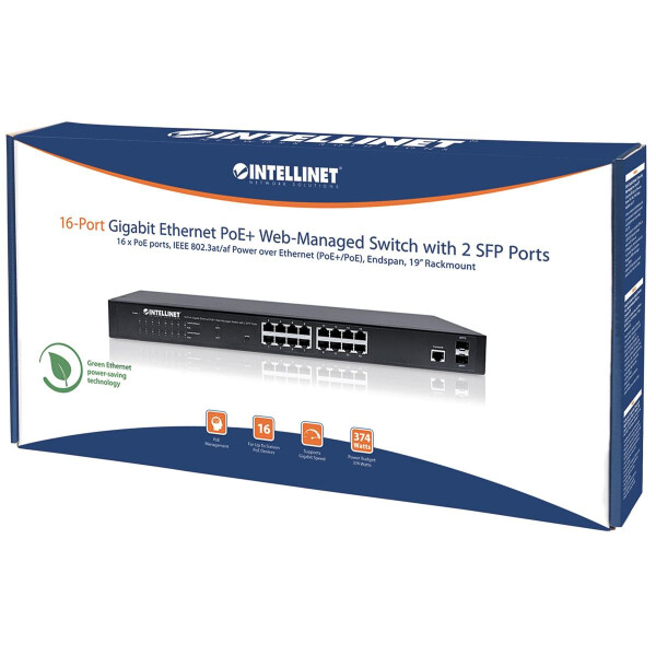 Intellinet 16-Port Gigabit Ethernet PoE+ Web-Managed Switch mit 2 SFP-Ports, IEEE 802.3at/