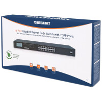 Intellinet 16-Port Gigabit Ethernet PoE+ Switch mit 2 SFP-Ports und LCD-Anzeige, LCD-Anzei