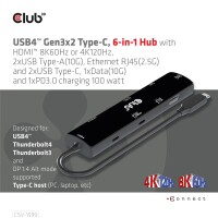 Club 3D USB4™ Gen3x2 Type-C, 6-in-1 Hub with HDMI™ 8K60Hz or 4K120Hz, 2xUSB Type-A(10G), E