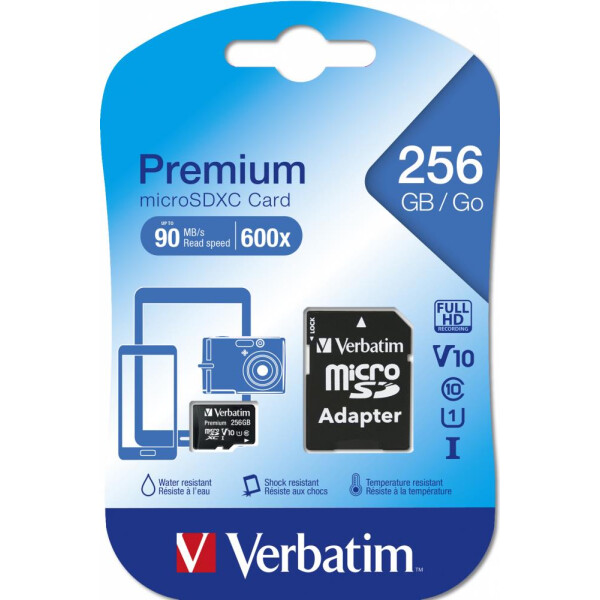 Verbatim Premium U1 - 256 GB - MicroSDXC - Klasse 10 - UHS-I - 90 MB/s - 10 MB/s