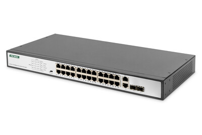 DIGITUS 24-Port Fast Ethernet  PoE Netzwerkswitch, 19 Zoll, unmanaged, 2 GE Uplink Ports, SFP, 370 W, af/at