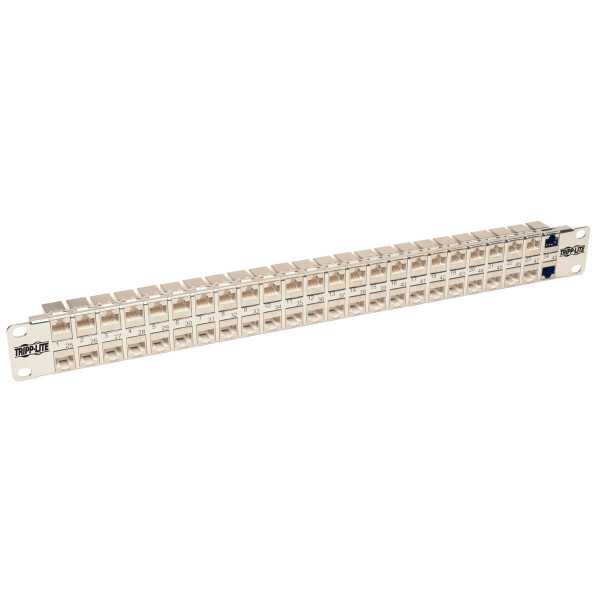 Eaton Tripp Lite N254-048-SH-6A 48 Anschlüsse 1 HE Rackmontage geschirmtes Cat6a STP Durchführungs-Patchfeld - RJ45 Ethernet - TAA - 10 Gigabit Ethernet - RJ-45 - Cat6a - Silber - Weiß - Rackeinbau - 1U