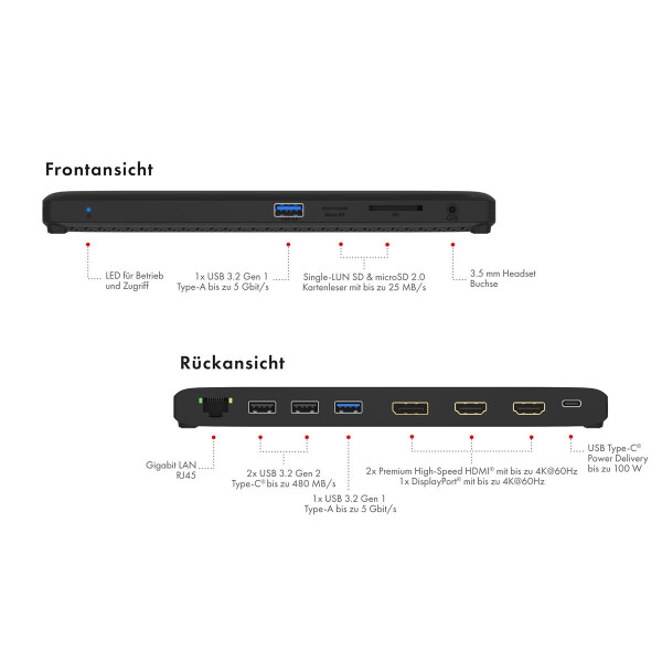 ICY BOX IB-DK2116-C USB Type-C DockingStation mit dreifacher Videoausgabe HDMI und