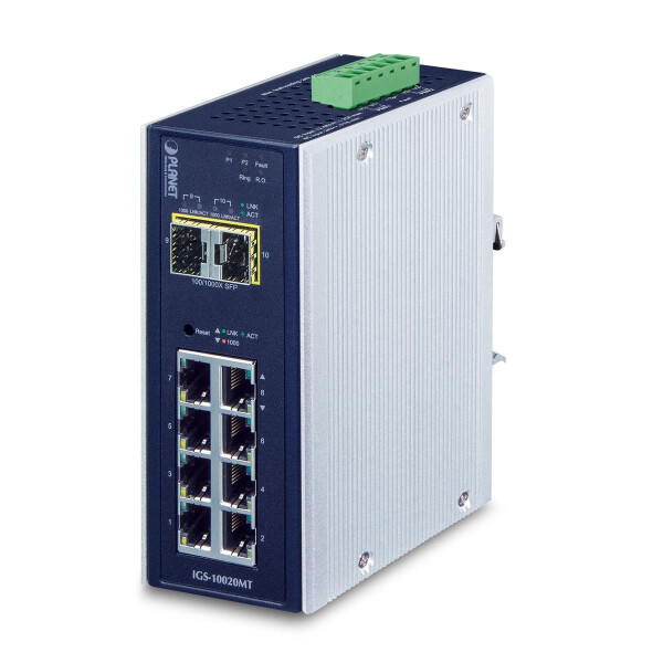 Planet IP30 industrieller 8x 1000TP + 2x 100/1000F SFP Full Managed Ethernet Switch (-40 bis 75ø C) - Managed - L2+ - Gigabit Ethernet (10/100/1000) - Vollduplex - Wandmontage