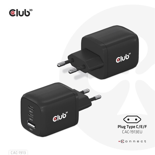 Club 3D Reiseladegerät PPS 65Watt GAN-Technologie - Dreifachanschluss (2x USB Typ-C + USB Typ-A) Power Delivery (PD) 3.0 Unterstützung - Indoor - AC - 20 V - 20 A - 1 m - Schwarz
