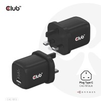 Club 3D Reiseladegerät PPS 65Watt GAN-Technologie - Dreifachanschluss (2x USB Typ-C + USB Typ-A) Power Delivery (PD) 3.0 Unterstützung - Indoor - AC - 20 V - 20 A - 1 m - Schwarz