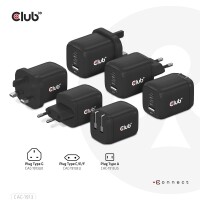 Club 3D Reiseladegerät PPS 65Watt GAN-Technologie - Dreifachanschluss (2x USB Typ-C + USB Typ-A) Power Delivery (PD) 3.0 Unterstützung - Indoor - AC - 20 V - 20 A - 1 m - Schwarz