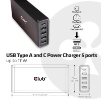 Club 3D USB Typ A und C Ladegerät 5 Ports bis zu 111W