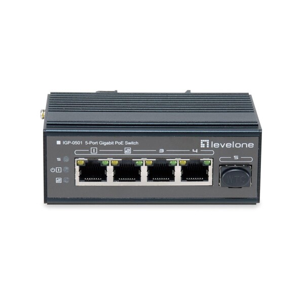 LevelOne 5-Port Gigabit Industrial Switch - DIN-Schiene - -30°C to 65°C - Gigabit Ethernet (10/100/1000) - Vollduplex - Power over Ethernet (PoE) - Wandmontage