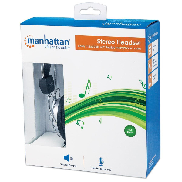 Manhattan Stereoheadset - Verstellbarer Kopfbügel und flexibles Mikrofon - Kopfhörer - Kopfband - Anrufe & Musik - Grau - Binaural - Drehregler