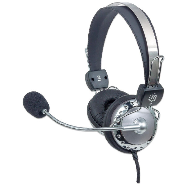 Manhattan Stereoheadset - Verstellbarer Kopfbügel und flexibles Mikrofon - Kopfhörer - Kopfband - Anrufe & Musik - Grau - Binaural - Drehregler