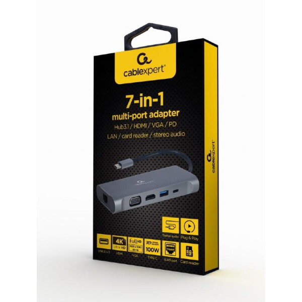 Gembird A-CM-COMBO7-01 - USB 3.2 Gen 1 (3.1 Gen 1) Type-A - 100 W - Grau - MicroSD (TransFlash) - SD - 30 Hz - 3.5mm - HDMI - RJ-45 - USB 3.2 Gen 1 (3.1 Gen 1) Type-A - USB 3.2 Gen 1 (3.1 Gen 1) Type-C - VGA