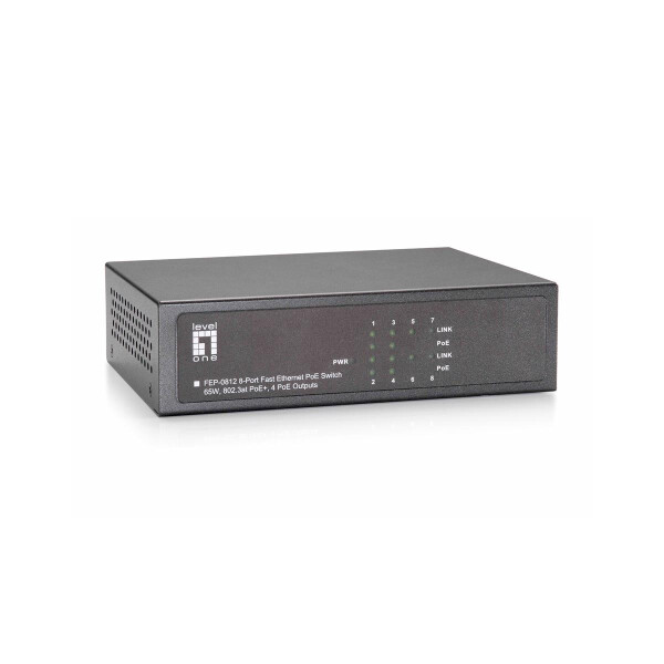 LevelOne 8-Port-Fast Ethernet-PoE-Switch - 4 Ports RJ45 - 4 Ports RJ45 PoE Plus - 61.6W - Fast Ethernet (10/100) - Vollduplex - Power over Ethernet (PoE) - Rack-Einbau