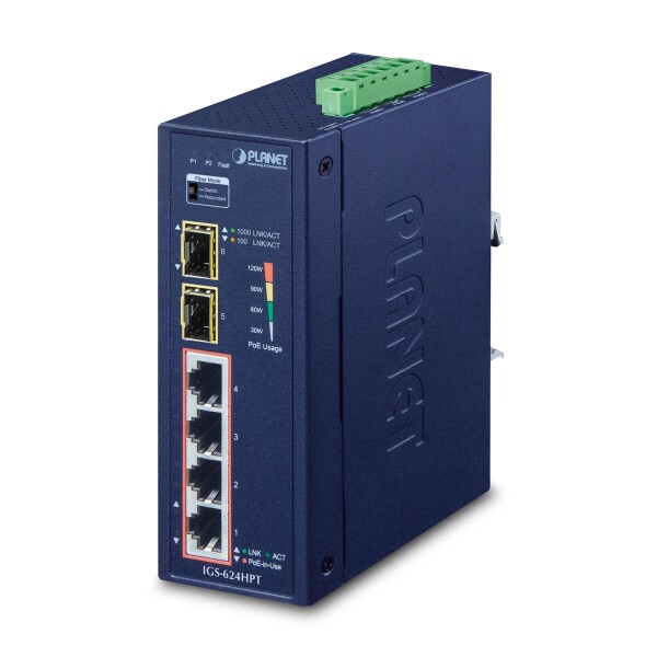 Planet IP30 Industrial 4* 1000TP PoE+ 2* 100/1000X SFP (-40 bis 70 Grad C) - Unmanaged - Gigabit Ethernet (10/100/1000) - Vollduplex - Power over Ethernet (PoE) - Wandmontage