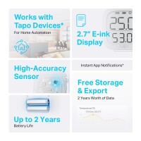 TP-LINK Tapo Intelligenter Temperatur- und Feuchtigkeitsmonitor - Drinnen - Temperatur- & Feuchtigkeitssensor - Freistehend - -20 - 60 °C - Kabellos - 0 - 99%