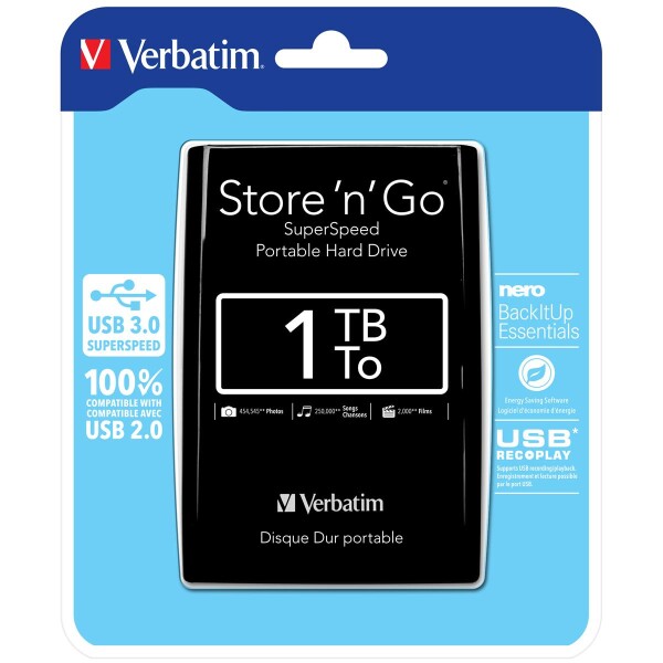 Verbatim Portables Festplattenlaufwerk Store n Go USB 3.0 - 1 TB - Schwarz - 1 TB - 2.5" - 5400 RPM - Schwarz