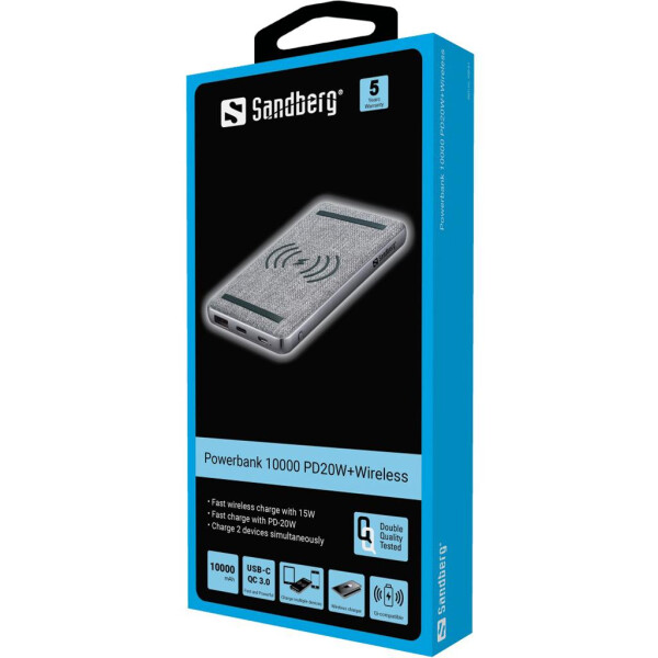 SANDBERG 420-61 - 10000 mAh - Lithium Polymer (LiPo) - Quick Charge 3.0 - Kabelloses Aufladen - Schwarz - Grau