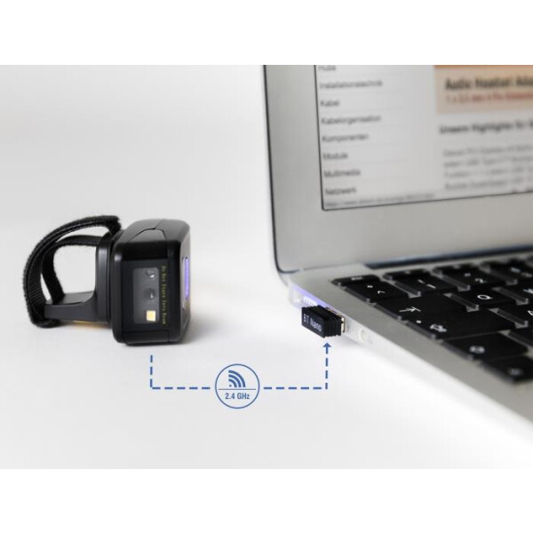 Delock Ringbarcode Scanner 1D und 2D mit 2,4 GHz oder Bluetooth - Tragbares Barcodelesegerät - 1D/2D - CMOS - Codabar - Code 128 - Code 39 - EAN-13 - EAN-8 - ISBN - Interleaved 2 of 5 - PDF417 - Datenmatrix - Micro QR Code - MicroPDF417 - QR Code - 1280 x