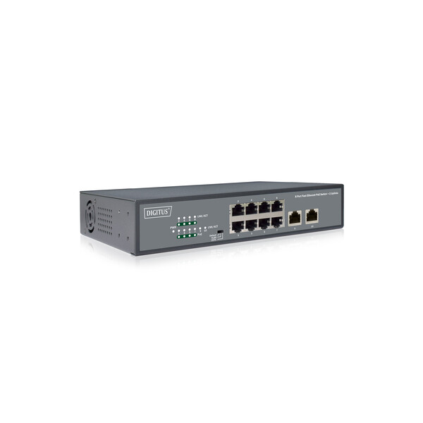 DIGITUS 8-Port Fast Ethernet PoE Netzwerkswitch, Desktop, unmanaged, 2 Uplink Ports RJ45,120 W, af/at