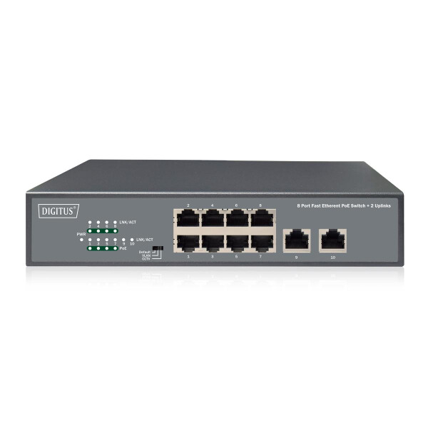 DIGITUS 8-Port Fast Ethernet PoE Netzwerkswitch, Desktop, unmanaged, 2 Uplink Ports RJ45,120 W, af/at