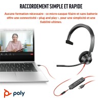 Poly Blackwire 3315 Monoaurales USB-C-Headset + 3,5-mm-Stecker + USB-C/A-Adapter - Kabelgebunden - Büro/Callcenter - 103 g - Kopfhörer - Schwarz