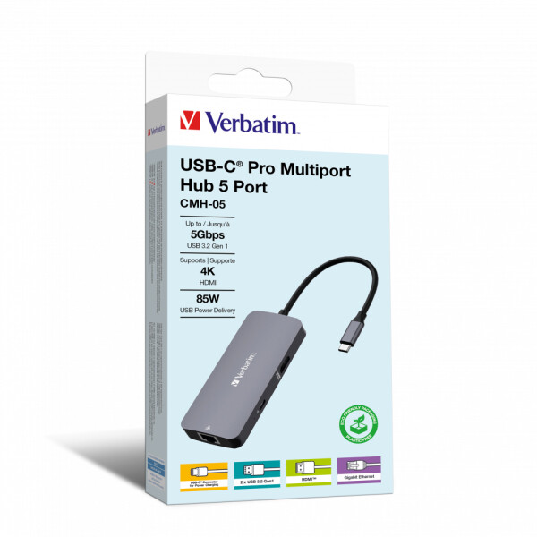 Verbatim CMH-05 - USB Typ-C - HDMI - RJ-45 - USB 3.2 Gen 1 (3.1 Gen 1) Type-C - USB Typ-C - 5000 Mbit/s - 60 Hz - Silber - Acrylnitril-Butadien-Styrol (ABS) - Aluminium