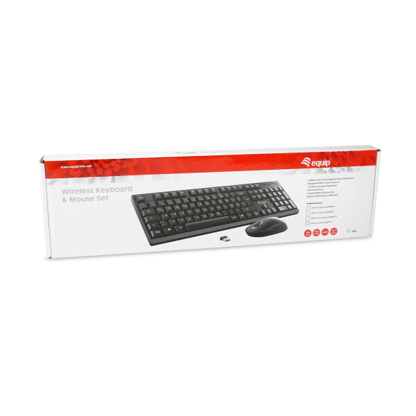 Equip Kabelloses Tastatur und Mausset, IT Layout (QWERTY), Volle Größe (100%), RF Wireless, QWERTY, Schwarz, Maus enthalten