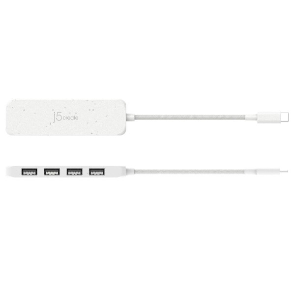 j5create Umweltfreundlicher USB-C-zu-Hub Typ A Gen 2 mit 4 Anschlüssen, USB 3.2 Gen 1 (3.1 Gen 1) Type-C, USB 3.2 Gen 2 (3.1 Gen 2) Type-A, 10000 Mbit/s, Weiß, Acrylnitril-Butadien-Styrol (ABS), Recycelbarer Kunststoff, Taiwan