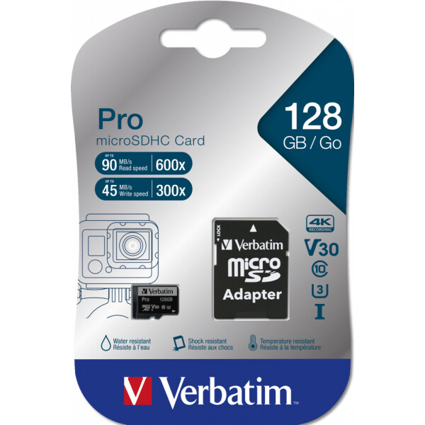 Verbatim Pro, 128 GB, MicroSDXC, Klasse 10, UHS-I, 90 MB/s, 45 MB/s