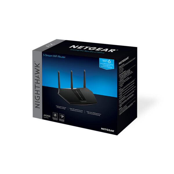 Netgear Nighthawk AX/5-Stream AX2400 WiFi 6 Router (RAX30), Wi-Fi 6 (802.11ax), Dual-Band (2,4 GHz/5 GHz), Ethernet/LAN, Schwarz, Tabletop-Router