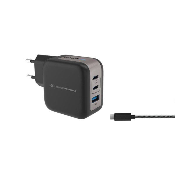 Conceptronic 3-Port 67W GaN USB-PD-Ladegerät mit USB-C-Ladekabel, USB-C x 2, USB-A x 1, QC 3.0, PPS, Drinnen, AC, 20 V, 1,5 m, Schwarz