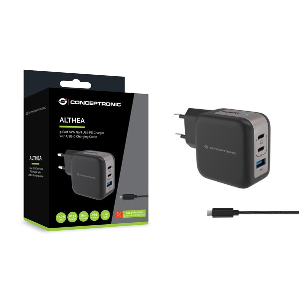 Conceptronic 3-Port 67W GaN USB-PD-Ladegerät mit USB-C-Ladekabel, USB-C x 2, USB-A x 1, QC 3.0, PPS, Drinnen, AC, 20 V, 1,5 m, Schwarz